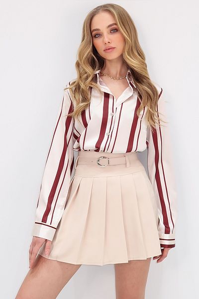Trend Alaçatı Stili Women's Beige Pleated Hidden Zipper Belted Mini Shorts Skirt Alc-X13544