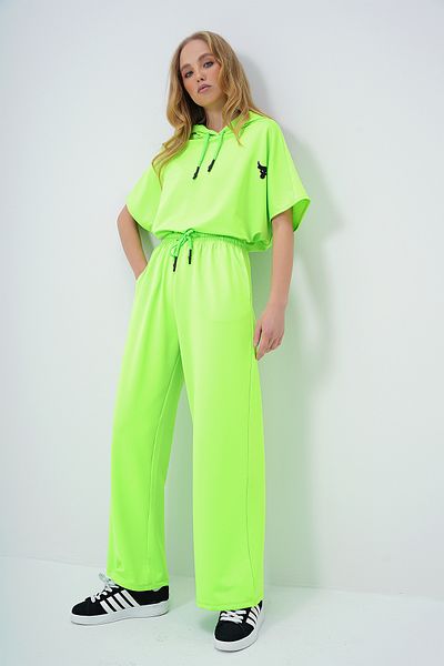 Trend Alaçatı Stili Neongrünes, übergroßes Crop-Top- und Damentaschen-Hosen-Set – ALC-X13633