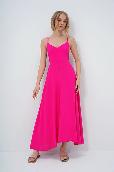 Trend Alaçatı Stili Damen-Sommerkleid in Maxi-Länge in Fuchsia mit Seilträgern und Bindedetail auf der Rückseite ALC-X13471