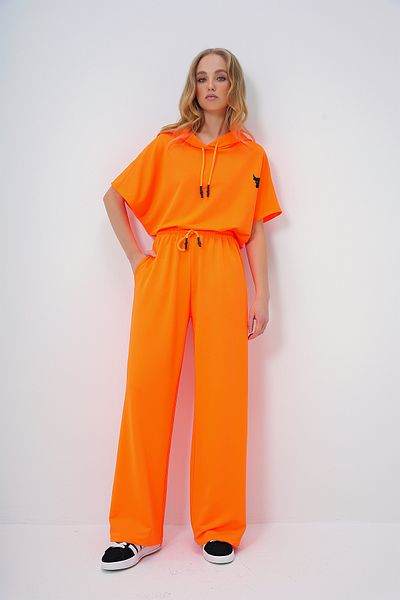 Trend Alaçatı Stili Neonorangefarbenes, übergroßes Crop-Top- und Damentaschen-Hosen-Set – ALC-X13633