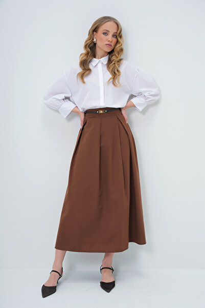 Trend Alaçatı Stili Dámská hnědá sukně s délkou sukně na skrytý zip na zip Alc-X13524