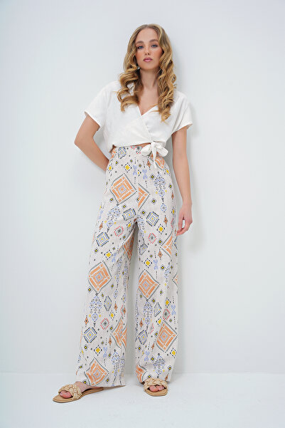 Trend Alaçatı Stili Women's Orange Ethnic Patterned Linen Trousers with Elastic Waist Alc-X13631