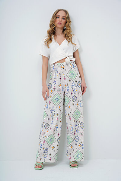 Trend Alaçatı Stili Women's Green Ethnic Patterned Elastic Waist Linen Trousers Alc-X13631