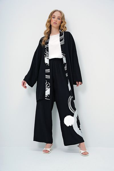 Trend Alaçatı Stili Black Geometric Print Oversize Kimono and Palazzo Pants Set - Alc-X13592