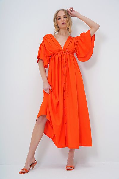 Trend Alaçatı Stili Orange V-Neck Low-Cut Back Tie-Detailed Poplin Summer Dress with Buttons, Alc-X13582