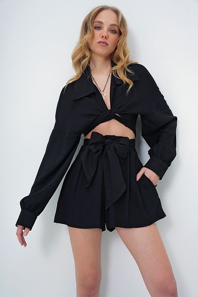 Trend Alaçatı Stili Black Double Breasted Shirt Collar and Shorts Set with Binding Detail - Alc-X13475
