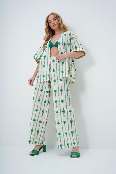 Trend Alaçatı Stili Green Floral Print Linen Set - Double Sleeve Kimono and Palazzo Pants Alc-X13630
