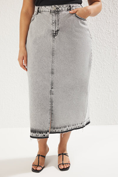 Trendyol Curve Light Gray Denim Plus Size Skirt Tbbss23Az00054