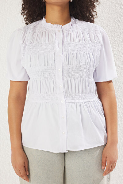 Trendyol Curve White Stand Collar Balloon Short Sleeve Gimped Stretchy Woven Plus Size Shirt Tbbss25Ax00013
