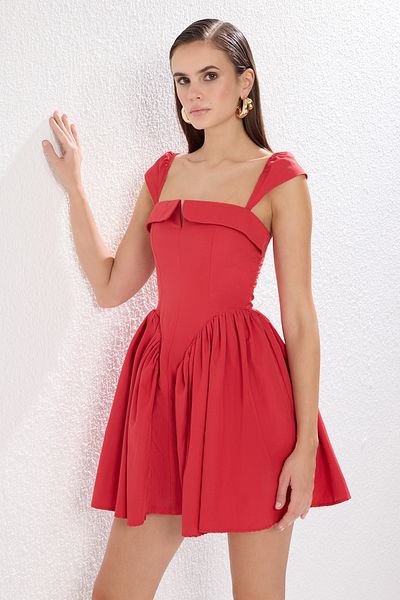 Trendyol Collection Red Button Poplin Short Evening Dress Night Graduation Dress Tprss25El00174