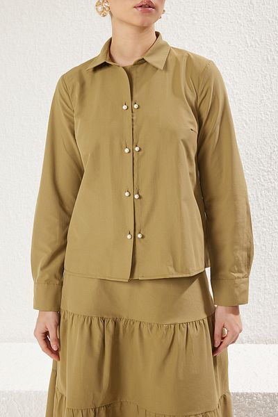 Trendyol Modest Khaki Button Detailed Cotton Shirt Skirt Woven Bottom-Top Suit Tctss25Us00019