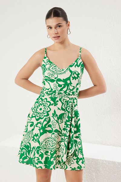 Trendyol Collection Μίνι υφαντό φόρεμα με πράσινο λουλούδι με λαιμόκοψη V με επένδυση βισκόζης TWOSS25EL00123