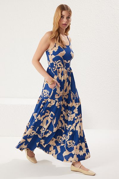 Trendyol Collection Blue Printed Pool Neck Strap Skater/Belt Opening Stretchy Maxi Knitted Dress Twoss25El00527