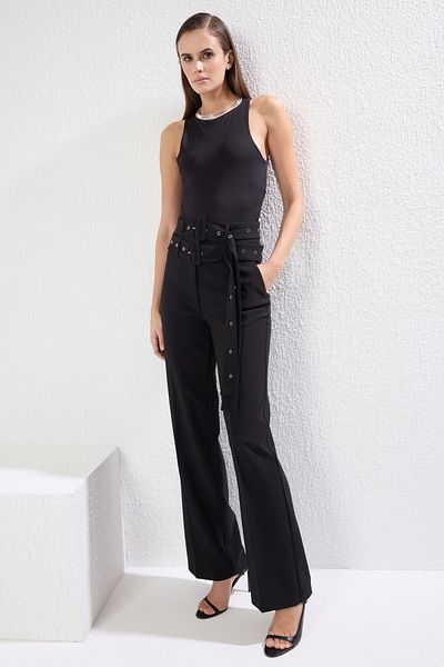Trendyol Collection Black Double Belt Detailed Woven Trousers Tprss25Pl00000