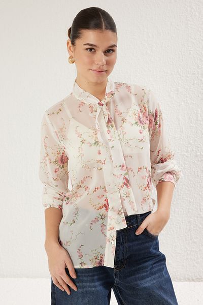Trendyol Collection Ecru Lacing Detail Floral Print Chiffon Fabric Woven Shirt Twoss25Go00044