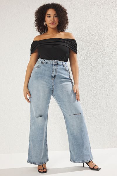 Trendyol Curve Ανοιχτό Μπλε Ψηλόμεσο Φαρδύ Παντελόνι Large Size Wide Leg Jeans