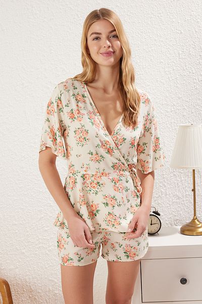 Trendyol Collection Multicolor Floral Lacing Detail Viscose Woven Pajamas Set Thmss25Pt00231