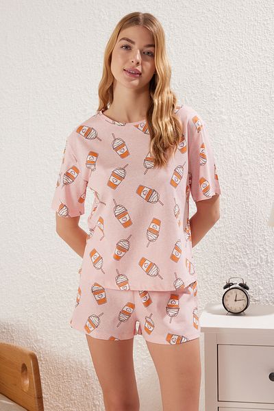Trendyol Collection Ροζ 100% βαμβακερό εμπριμέ πλεκτό σετ πιτζάμες THMSS25PT00176