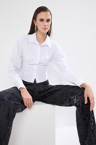 Trendyol Collection Cămașă albă din popelină cu cusături TPRSS25GO00000