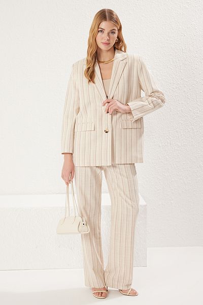 Trendyol Collection Mehrfarbige, übergroße, gestreifte Blazerjacke im Leinen-Look TWOSS25BC00019