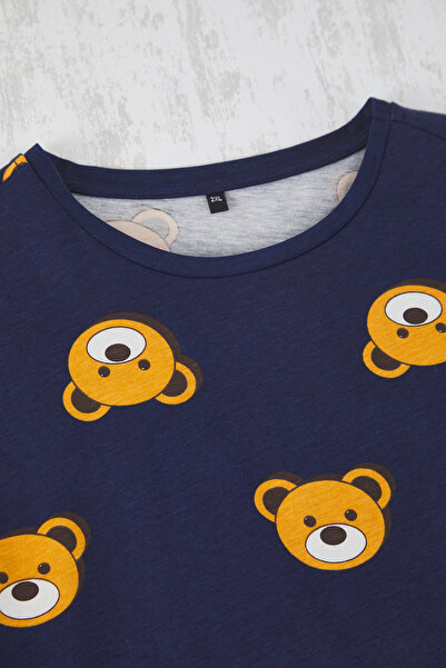 Trendyol Curve Σετ πιτζάμες με εμπριμέ μπλε αρκουδάκι από βαμβακερό πλεκτό TBBSS23AI00022