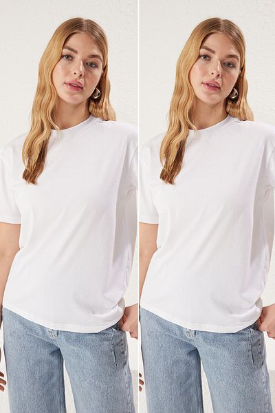 Trendyol Collection Pachet de 2 tricouri albe 100% bumbac cu guler ridicat - TWOSS20TS1500