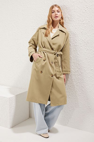 Trendyol Collection Double Breasted Regular Long Trench Coat with Light Khaki Belt Twoss25Tr00015