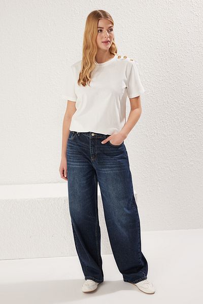Trendyol Collection Ecru 100% Cotton Gold Button Detail Regular/Normal Fit Knitted T-Shirt Twoss25Ts00039