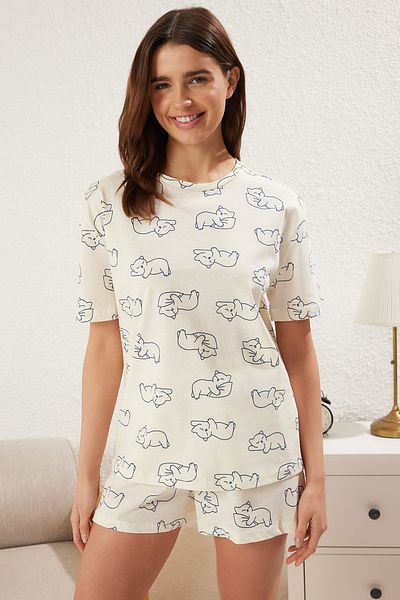 Trendyol Collection Ecru Animal Single Jersey gestricktes Pyjama-Set THMSS25PT00249