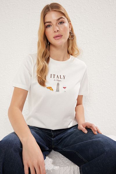 Trendyol Collection Ecru Slogan Printed 100% Cotton Regular T-Shirt - Twoss25Ts00047