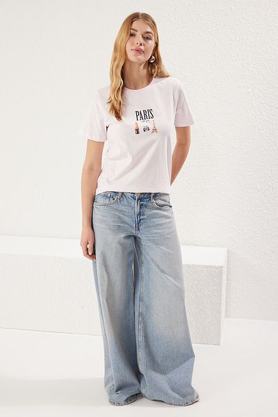 Trendyol Collection Ροζ μπλουζάκι με στάμπα 100% βαμβάκι - TWOSS25TS00047