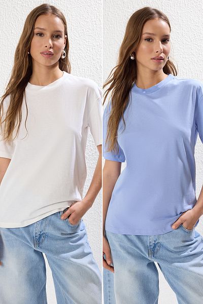 Trendyol Collection Balení 2 ecru a modrých 100% bavlněných triček s límečkem - Twoss20Ts1500