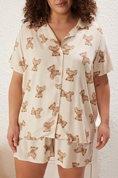 Trendyol Curve Viscose Beige Pajama Set - Shirt Collar with Teddy Bear Print Tbbss25Ai00006