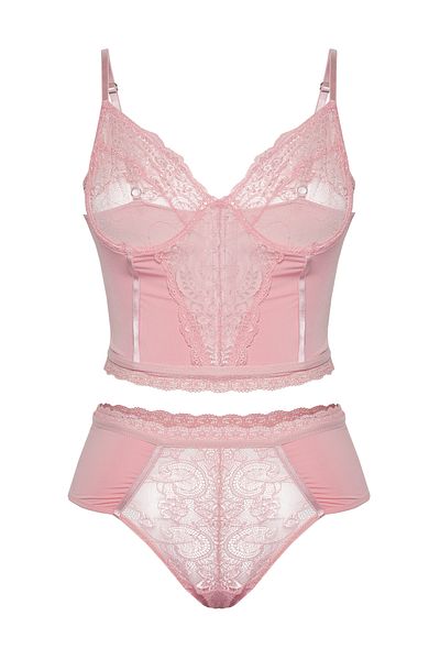 Trendyol Curve Detaillierte Bustier-Höschen-Unterwäsche-Sets mit Puderspitze TBBSS23DG00000