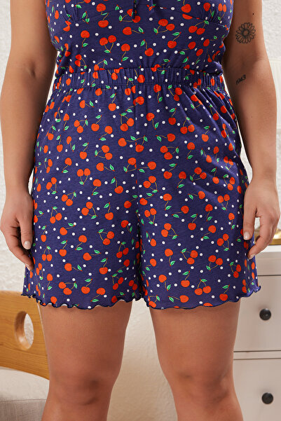 Trendyol Curve Sötétkék cseresznye mintás kötött pizsama szett TBBSS24AI00036