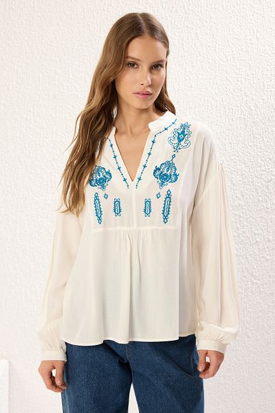 Trendyol Collection Ecru V-Neck Embroidery Detail Regular Woven Blouse Twoss25Bz00243