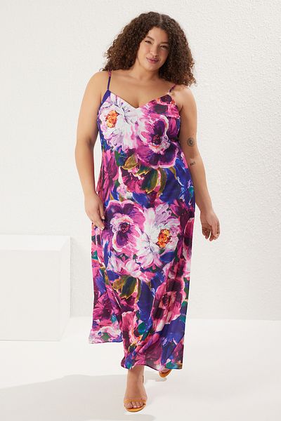 Trendyol Curve Multicolor Floral Adjustable Strap Satin Maxi Woven Plus Size Dress