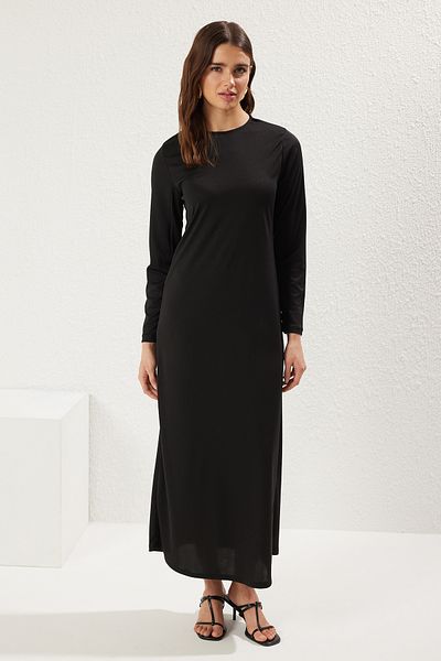 Trendyol Modest Schwarzes, mit Schleife verziertes, gewebtes Kleid-Kimono-Set TCTSS25US00020