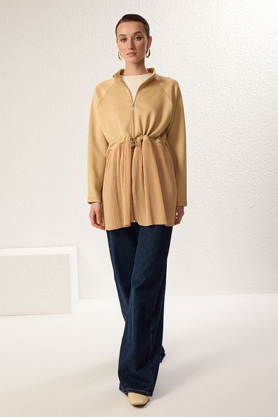 Trendyol Modest Beigefarbene Scuba-Tunika – geflochtener Faltenrock mit Reißverschluss TCTSS24UK00035