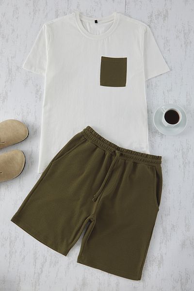 Trendyol Collection Ecru-Khaki-Strick-Pyjama-Set mit normaler Passform und strukturierten Shorts TMNSS25PT00021