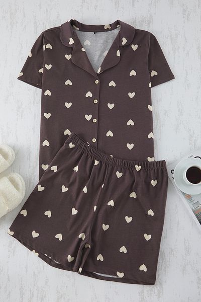 Trendyol Curve Brown Heart Print Shirt Collar Knitted Pajamas Set Tbbss24Ai00026