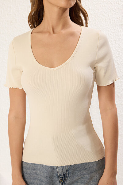 Trendyol Collection Stretchy Ribbed V-Neck Brown-Stone Cotton Blouse - Twoss25Bz00405