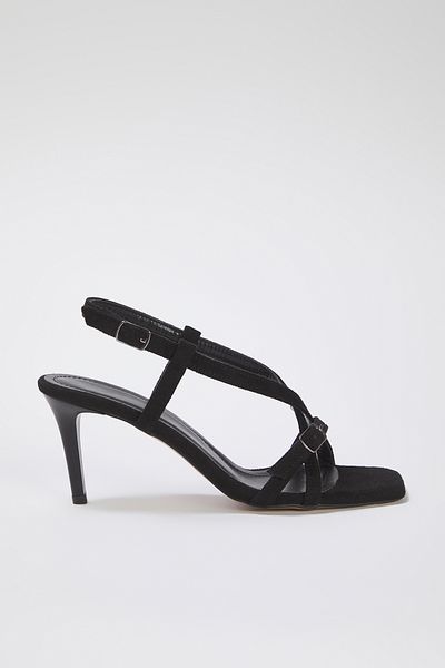 TRENDYOL SHOES Damen-Sandalen aus schwarzem Wildleder mit Knöchelriemen und quadratischer Zehenpartie und dünnem Absatz TAKSS25TO00018