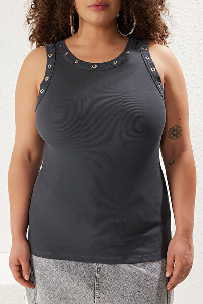 Trendyol Curve Anthracite Accessory Detailed Ribbed Knitted Plus Size Tank Top Tbbss25Cv00001