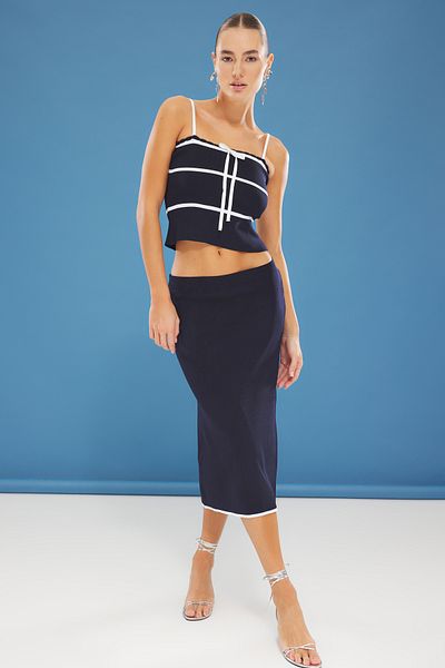 Trendyol Collection Navy Blue Striped Knitwear Blouse and Skirt Set - Ribbon Detail, Twoss25Au00063