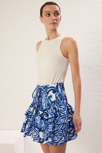 Trendyol Collection Többszínű etnikai mintás fűző részletes fodros mini hosszúságú szőtt szoknya TWOSS25ET00031