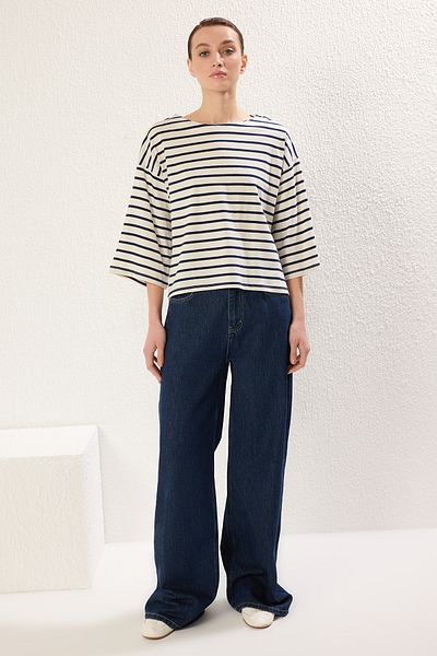 Trendyol Collection Comfortable Fit Navy Blue Striped Three Quarter Sleeve T-Shirt - Twoss25Ts00115