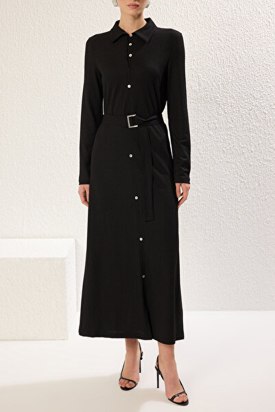 Trendyol Modest Black Mother of Pearl Button Knitted Wrap Dress Tctss25Eb00066