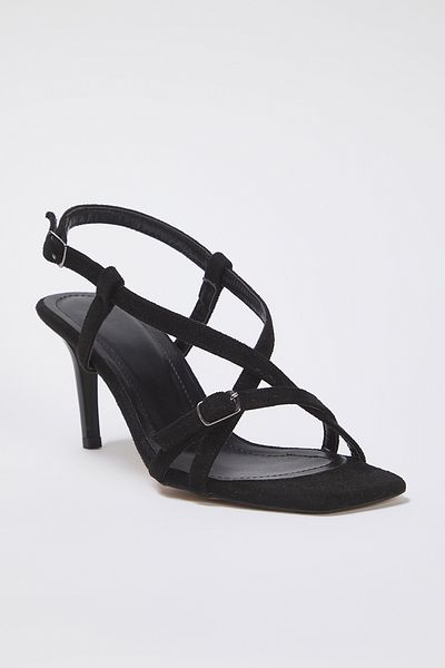 TRENDYOL SHOES Damen-Sandalen aus schwarzem Wildleder mit Knöchelriemen und quadratischer Zehenpartie und dünnem Absatz TAKSS25TO00018