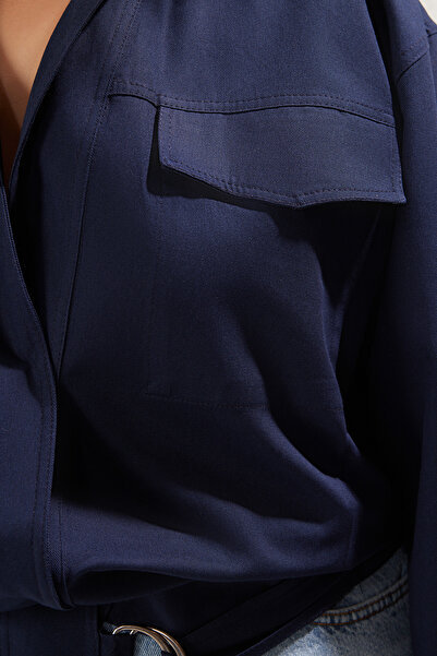 Trendyol Curve Navy Blue 100% Cotton Woven Plus Size Coat with Adjustable Waist Accessories Tbbss25Ag00003